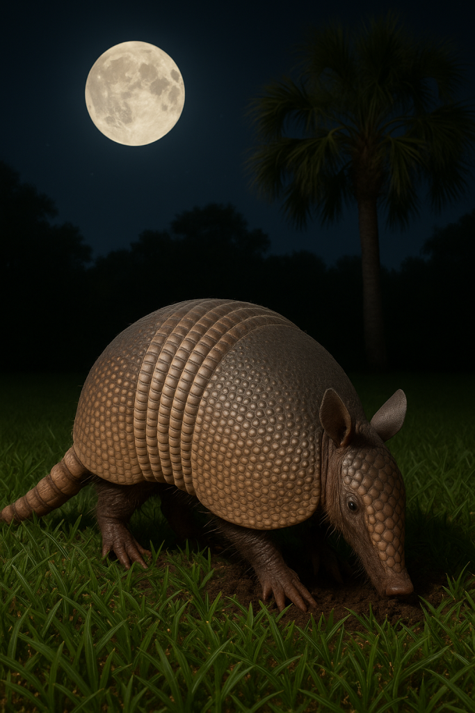 A nine-banded armadillo digging in a lush St. Augustine grass lawn at night in Florida, with a tall palm tree in the background and a full moon glowing brightly in the sky above.