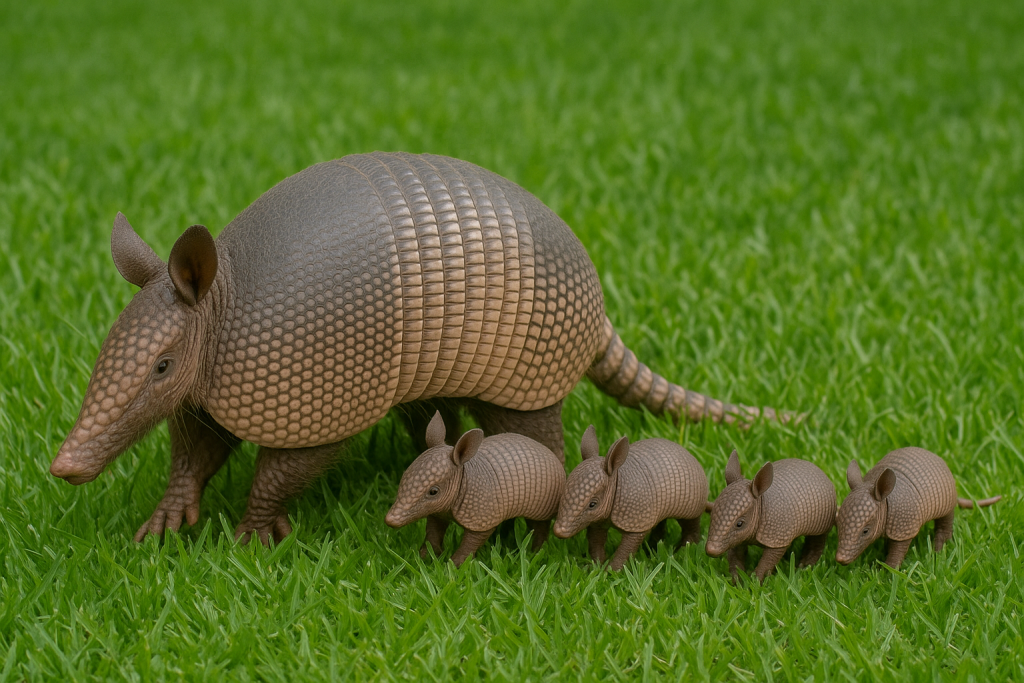 A mother armadillo and four baby armadillos standing on green grass.