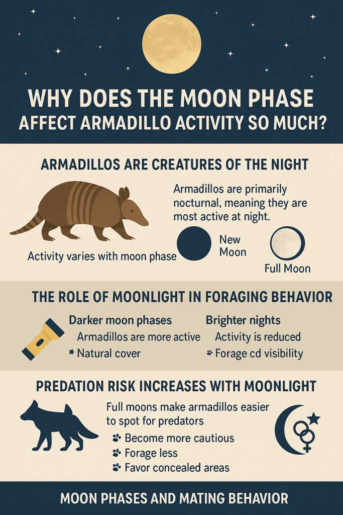 "Why Does the Moon Phase Affect Armadillo Activity So Much?" explaining how moonlight influences armadillo behavior, including their nocturnal activity, foraging habits, predation risk, and potential mating behavior.